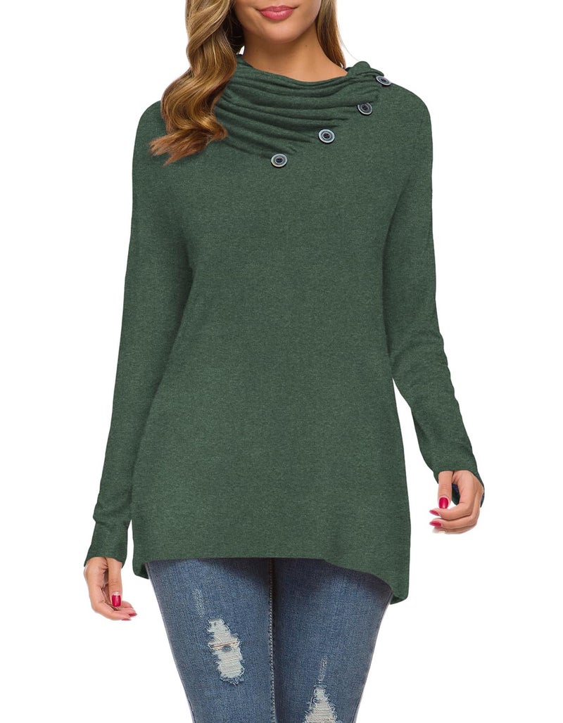 WEACZZY Womens Long Sleeve Shirts Button Cowl Neck Casual Loose Tunic Tops Blouse Dressy (Medium, 10 Green) - Image 3